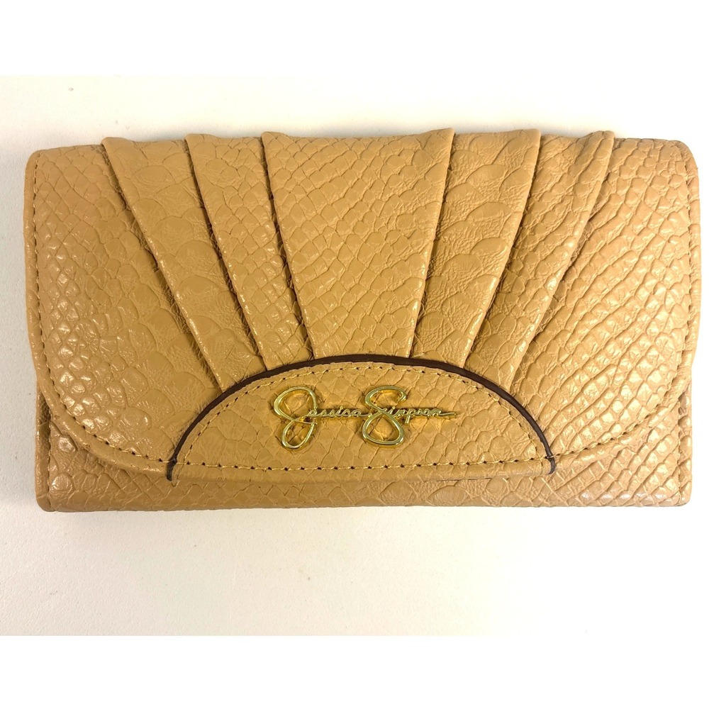 Jessica Simpson Tan Snake Embossed Trifold Wallet Leopard Interior Gold Logo